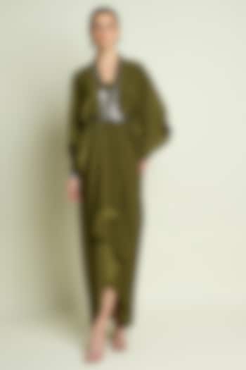 Olive Silk Crepe Draped Summer Dress by Aakaar at Pernia's Pop Up Shop