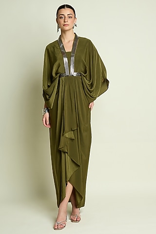 Olive Silk Crepe Draped Dress by Aakaar