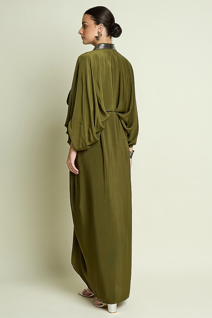 Olive Silk Crepe Draped Summer Dress by Aakaar at Pernia's Pop Up Shop