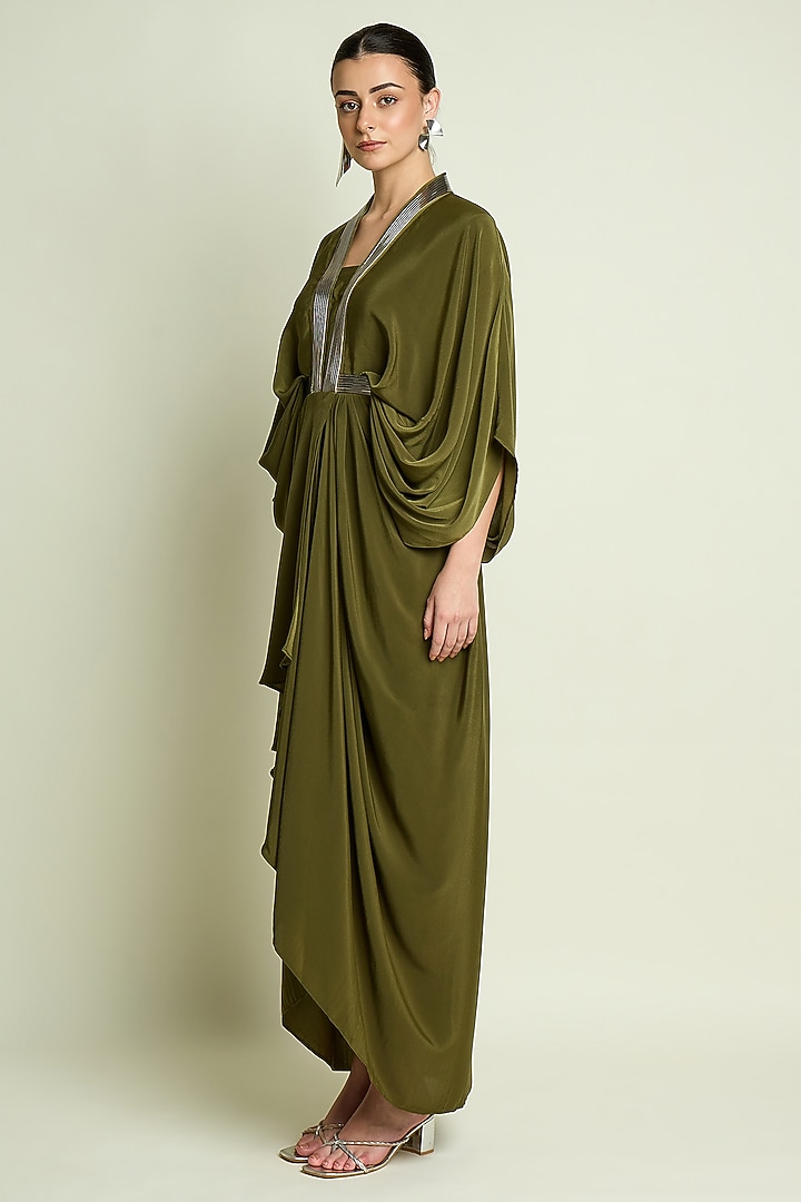 Olive Silk Crepe Draped Summer Dress by Aakaar at Pernia's Pop Up Shop