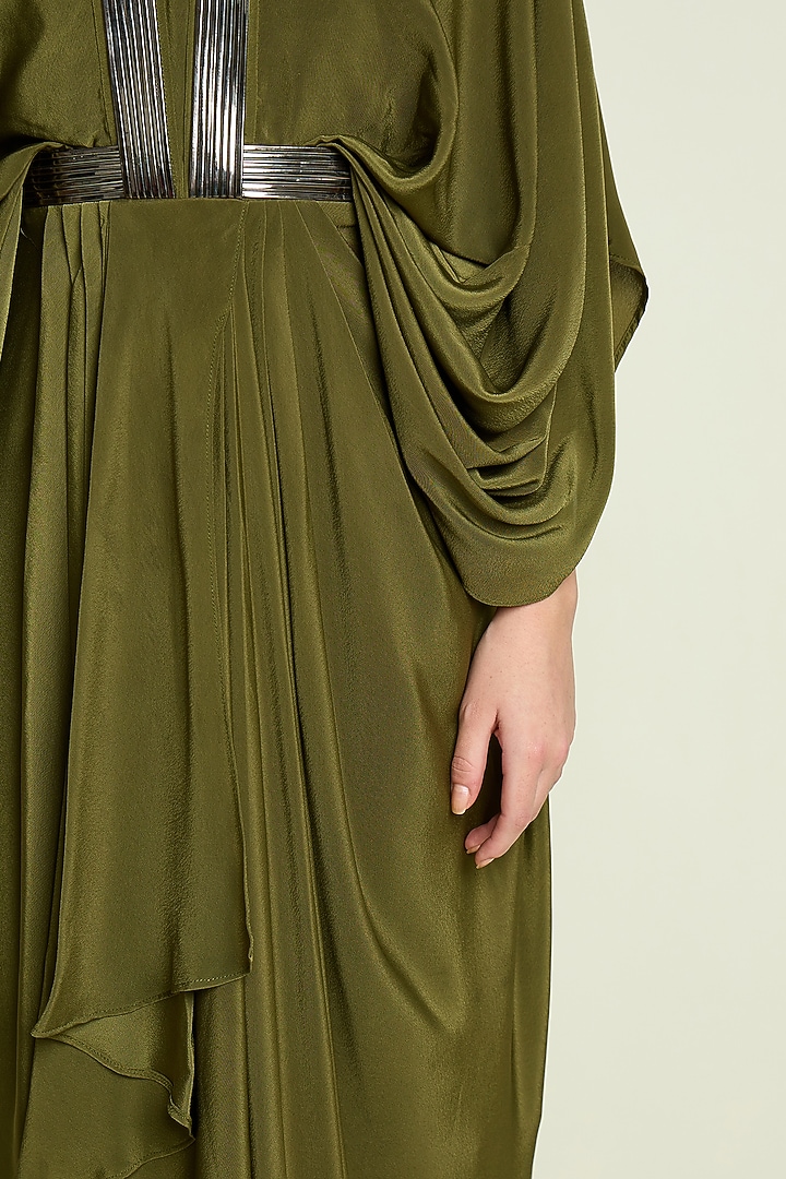 Olive Silk Crepe Draped Summer Dress by Aakaar at Pernia's Pop Up Shop