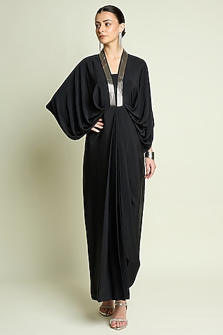 Black Silk Crepe Draped Dress by Aakaar