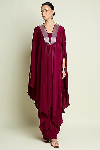 Ruby Silk Crepe Kaftan Set by Aakaar