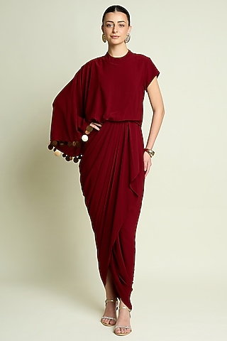 Wine Moss Crepe Draped Dress by Aakaar