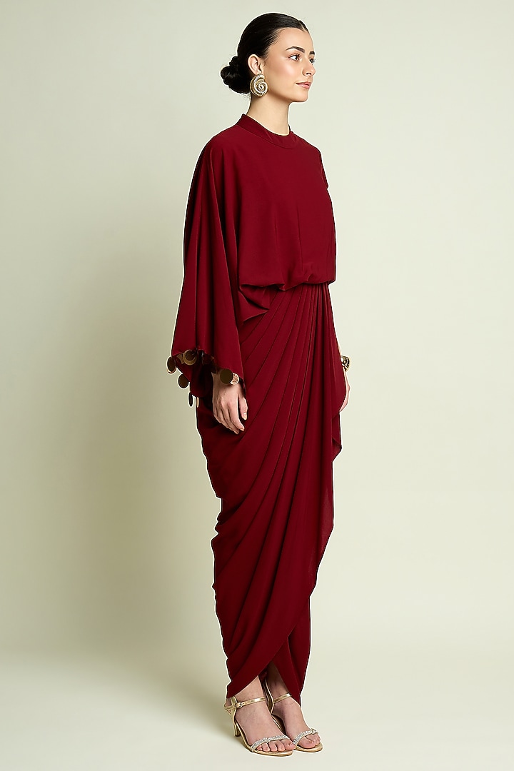 Wine Moss Crepe Draped Summer Dress by Aakaar at Pernia's Pop Up Shop