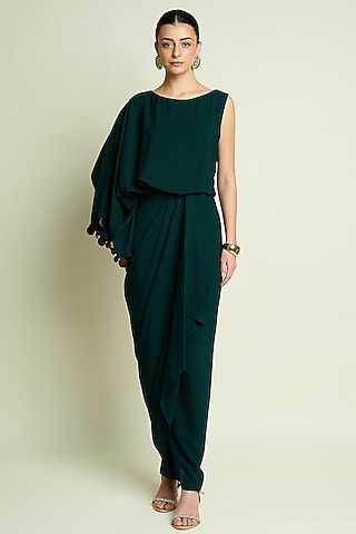 Emerald Moss Crepe Draped Dress by Aakaar