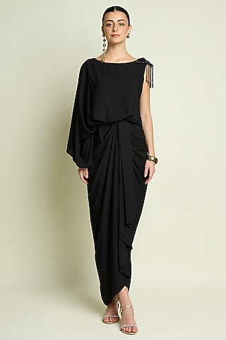 Black Moss Crepe Draped Dress by Aakaar