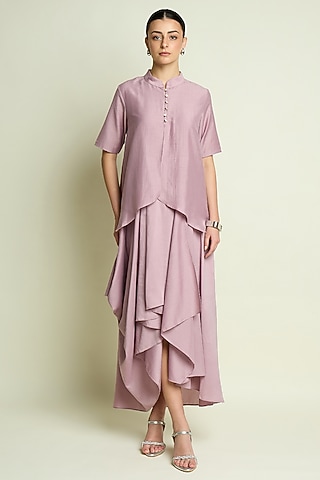 Lilac Cotton Silk Draped Dress by Aakaar