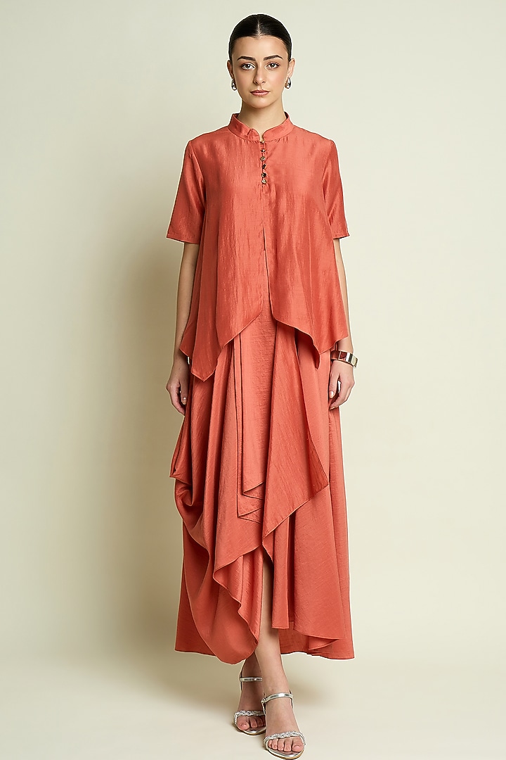Orange Cotton Silk Draped Summer Dress by Aakaar at Pernia's Pop Up Shop