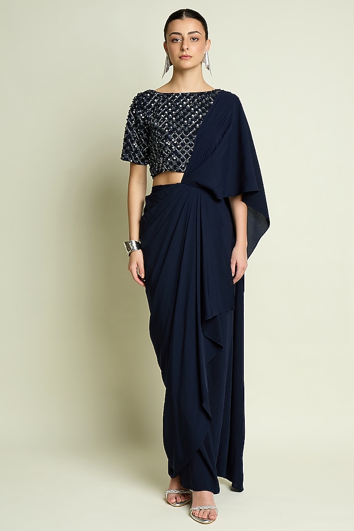 Navy Moss Crepe Pre-Draped Party Wear Saree Set by Aakaar at Pernia's Pop Up Shop