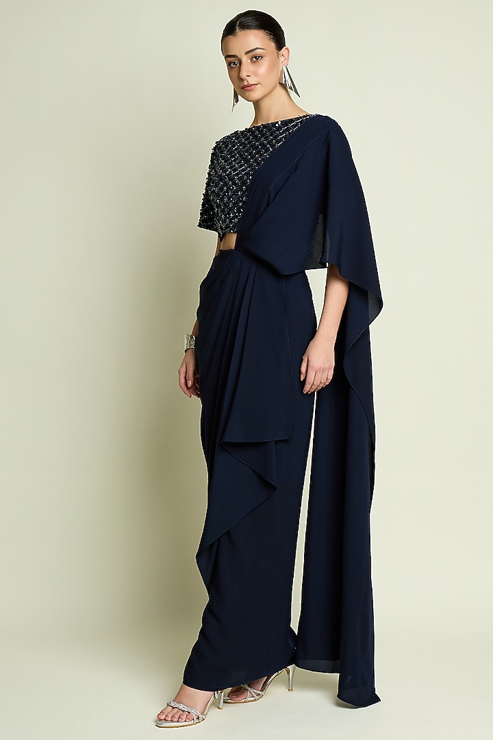 Navy Moss Crepe Pre-Draped Party Wear Saree Set by Aakaar at Pernia's Pop Up Shop