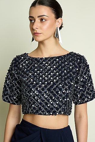 Navy Moss Crepe Crystal Embellished Blouse by Aakaar