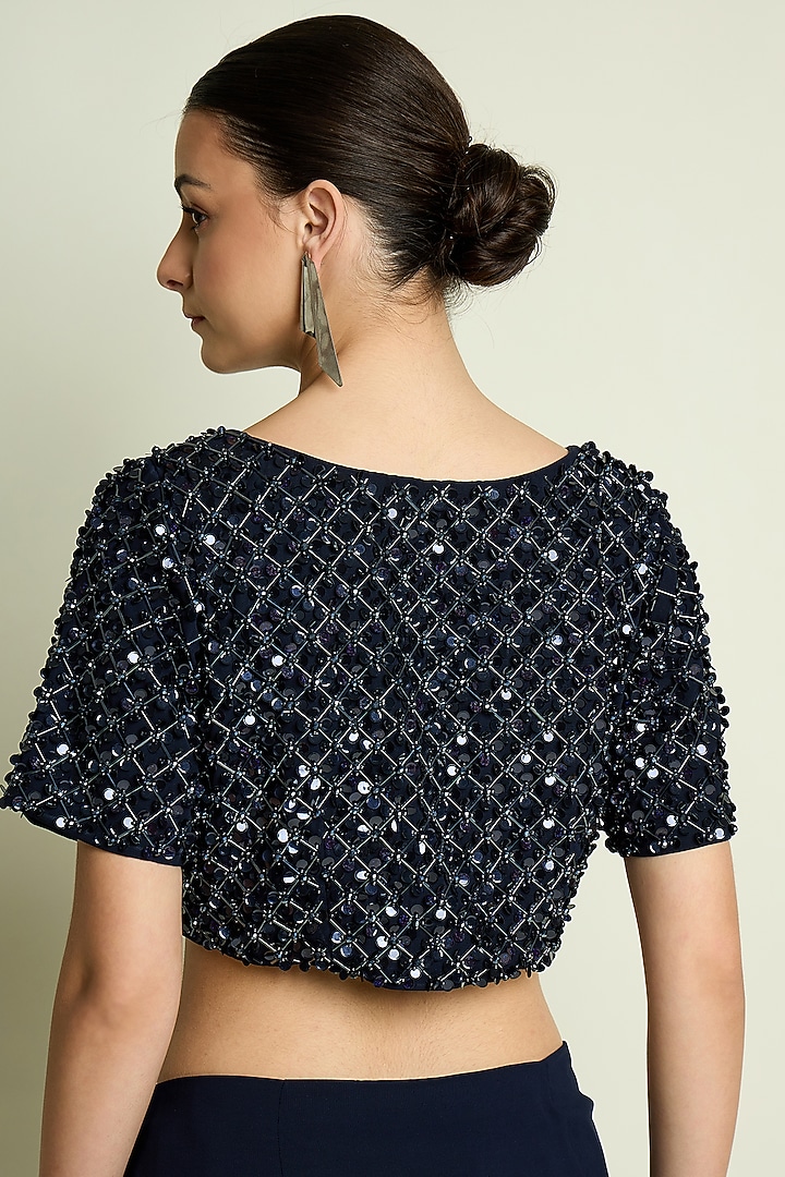 Navy Moss Crepe Crystal Embellished Blouse by Aakaar at Pernia's Pop Up Shop
