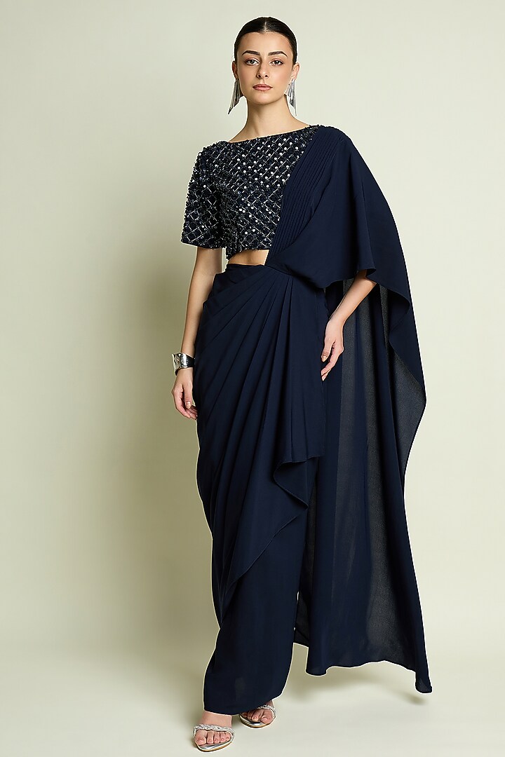 Navy Moss Crepe Crystal Embellished Blouse by Aakaar at Pernia's Pop Up Shop