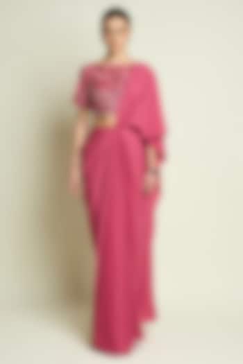 Pastel Pink Moss Crepe Pre-Draped Party Wear Saree Set by Aakaar at Pernia's Pop Up Shop