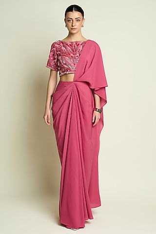 Pastel Pink Moss Crepe Pre-Draped Saree Set by Aakaar
