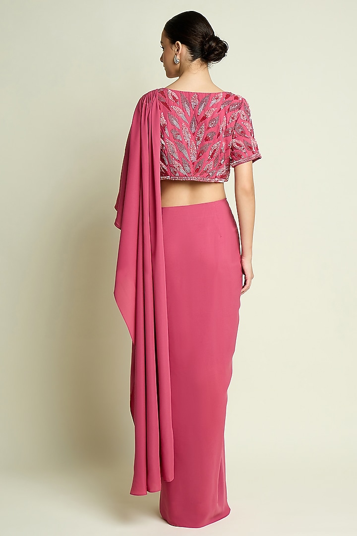 Pastel Pink Moss Crepe Pre-Draped Party Wear Saree Set by Aakaar at Pernia's Pop Up Shop