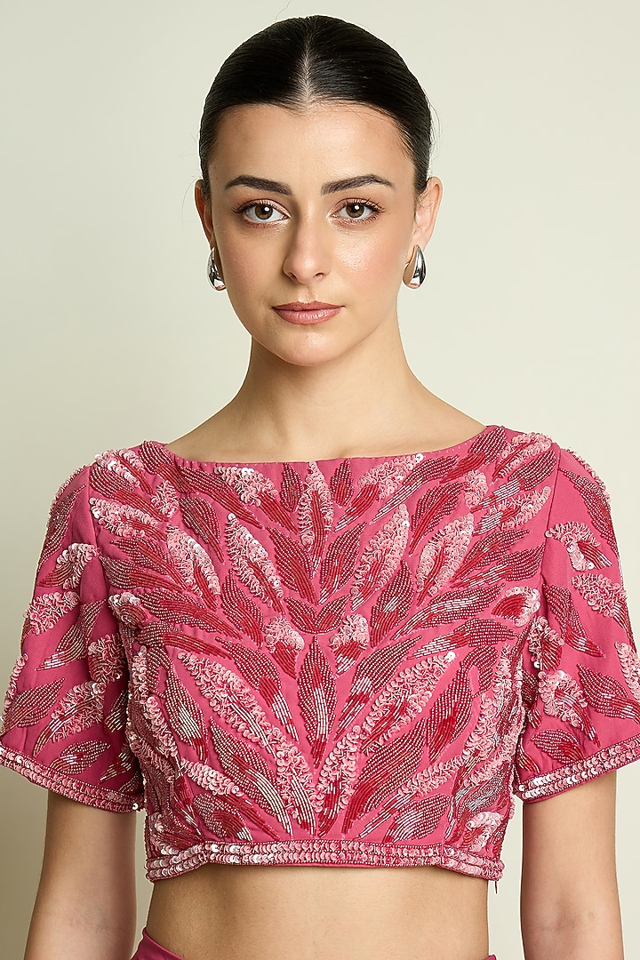 Pastel Pink Moss Crepe Pre-Draped Party Wear Saree Set by Aakaar at Pernia's Pop Up Shop