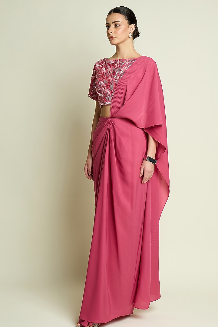 Pastel Pink Moss Crepe Pre-Draped Party Wear Saree Set by Aakaar at Pernia's Pop Up Shop