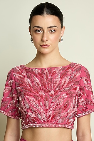 Pastel Pink Moss Crepe Embellished Blouse by Aakaar