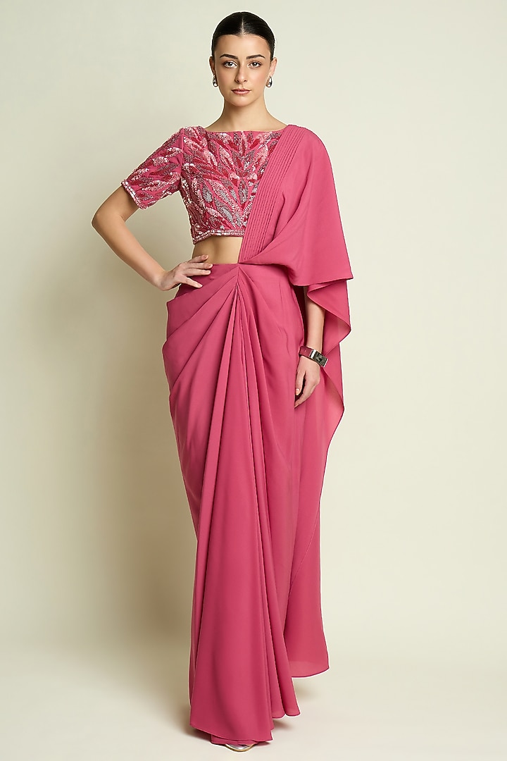 Pastel Pink Moss Crepe Embellished Blouse by Aakaar at Pernia's Pop Up Shop