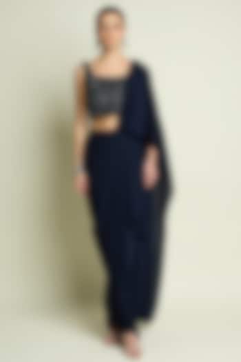 Navy Blue Moss Crepe Draped Party Wear Saree Set by Aakaar at Pernia's Pop Up Shop