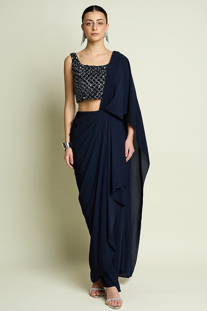 Navy Blue Moss Crepe Draped Party Wear Saree Set by Aakaar at Pernia's Pop Up Shop