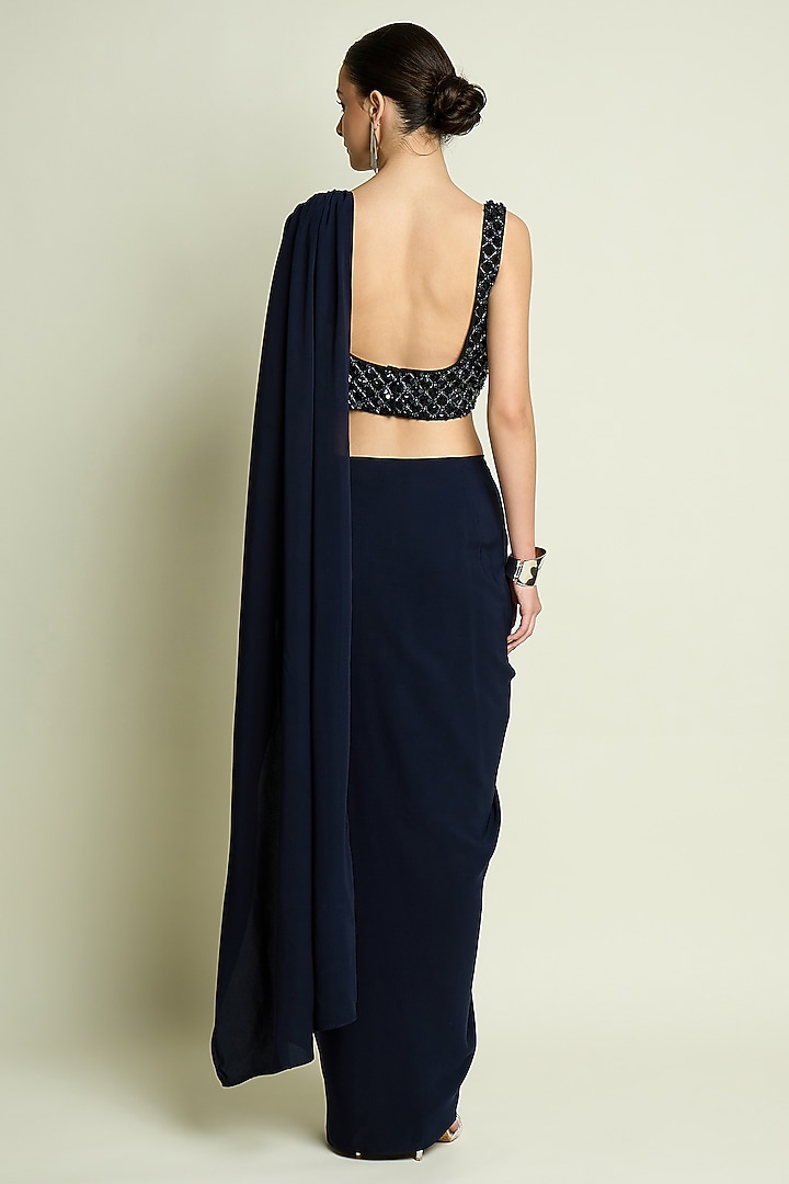 Navy Blue Moss Crepe Draped Party Wear Saree Set by Aakaar at Pernia's Pop Up Shop