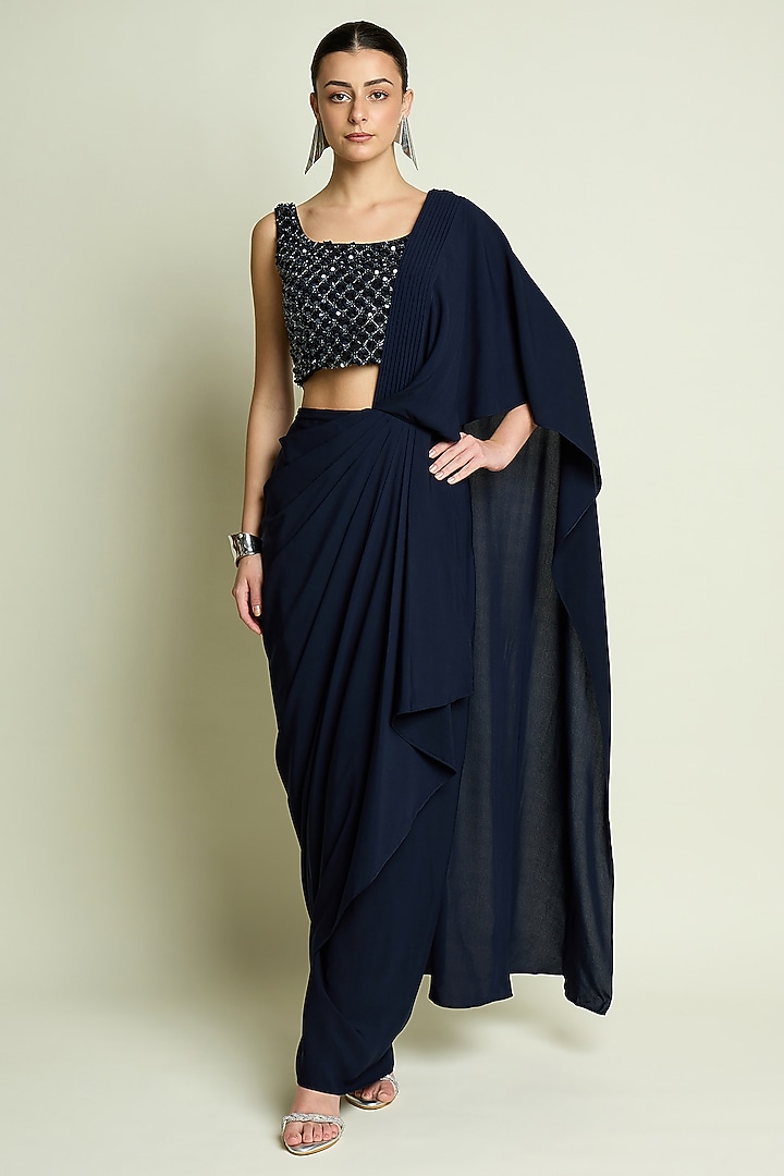 Navy Blue Moss Crepe Draped Party Wear Saree Set by Aakaar at Pernia's Pop Up Shop