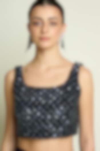 Black & Navy Blue Moss Crepe Crystal Embroidered Blouse by Aakaar at Pernia's Pop Up Shop