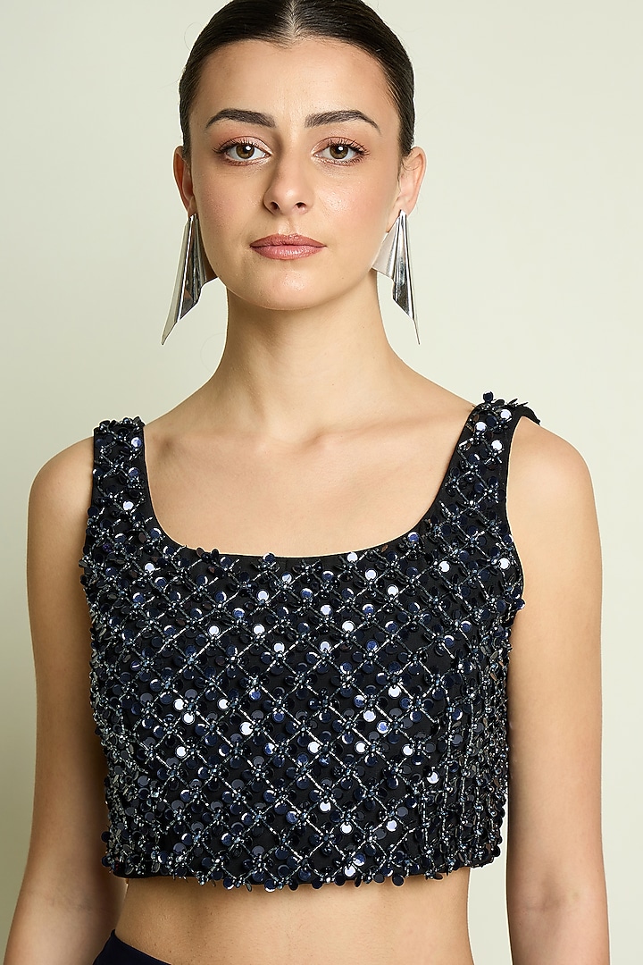 Black & Navy Blue Moss Crepe Crystal Embroidered Blouse by Aakaar at Pernia's Pop Up Shop