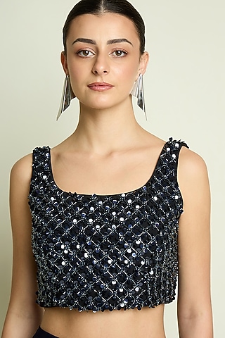Black & Navy Blue Moss Crepe Crystal Embroidered Blouse by Aakaar