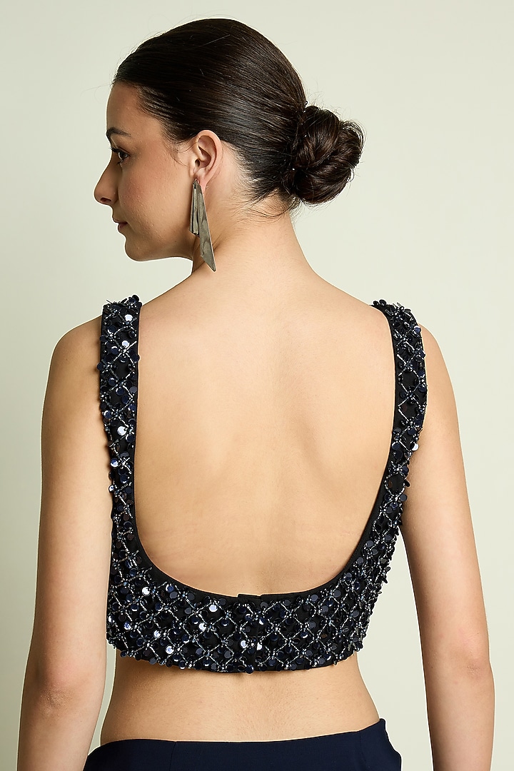 Black & Navy Blue Moss Crepe Crystal Embroidered Blouse by Aakaar at Pernia's Pop Up Shop