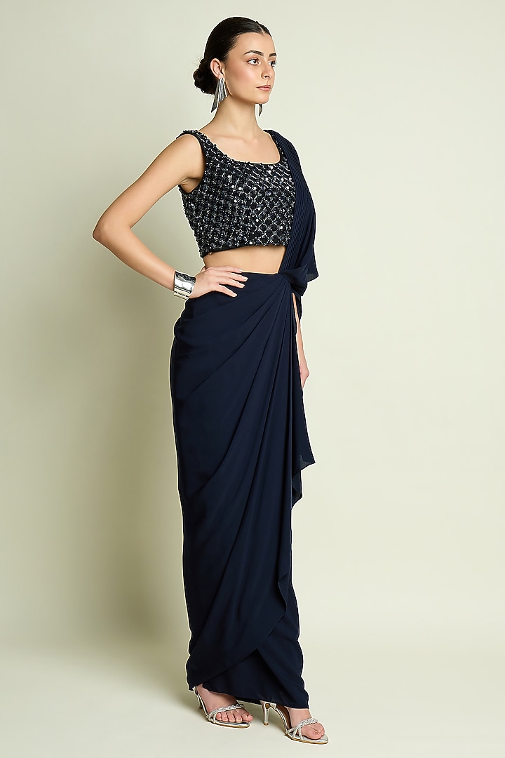 Black & Navy Blue Moss Crepe Crystal Embroidered Blouse by Aakaar at Pernia's Pop Up Shop