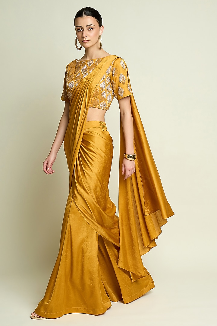 Mustard Silk Palazzo Pant Party Wear Saree Set by Aakaar at Pernia's Pop Up Shop