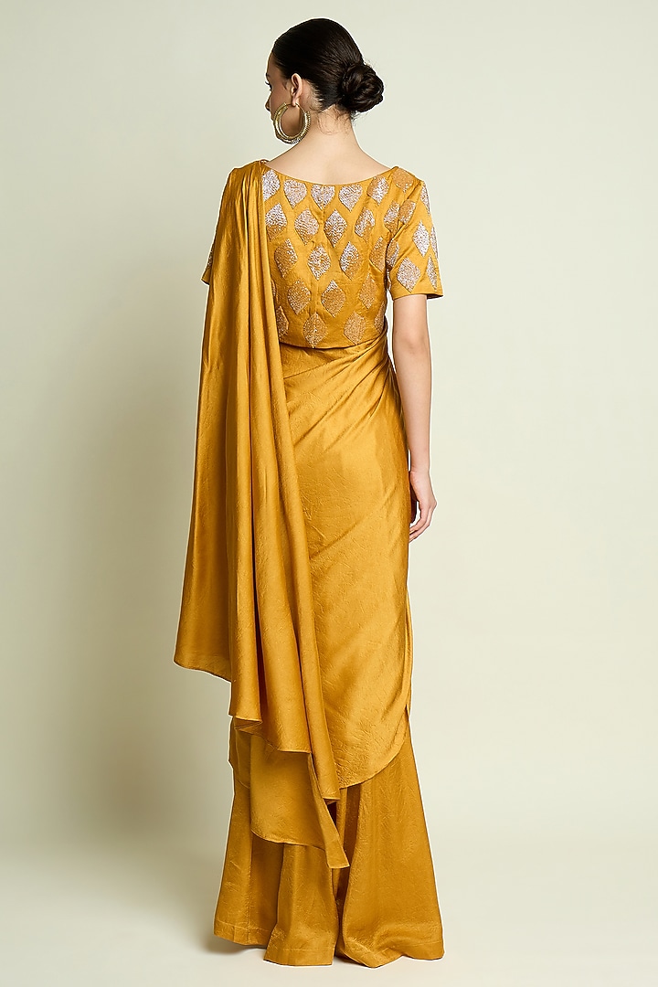 Mustard Silk Palazzo Pant Party Wear Saree Set by Aakaar at Pernia's Pop Up Shop