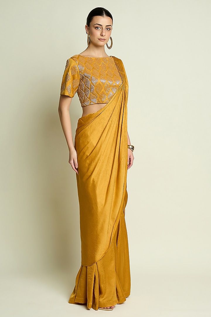 Mustard Silk Palazzo Pant Party Wear Saree Set by Aakaar at Pernia's Pop Up Shop