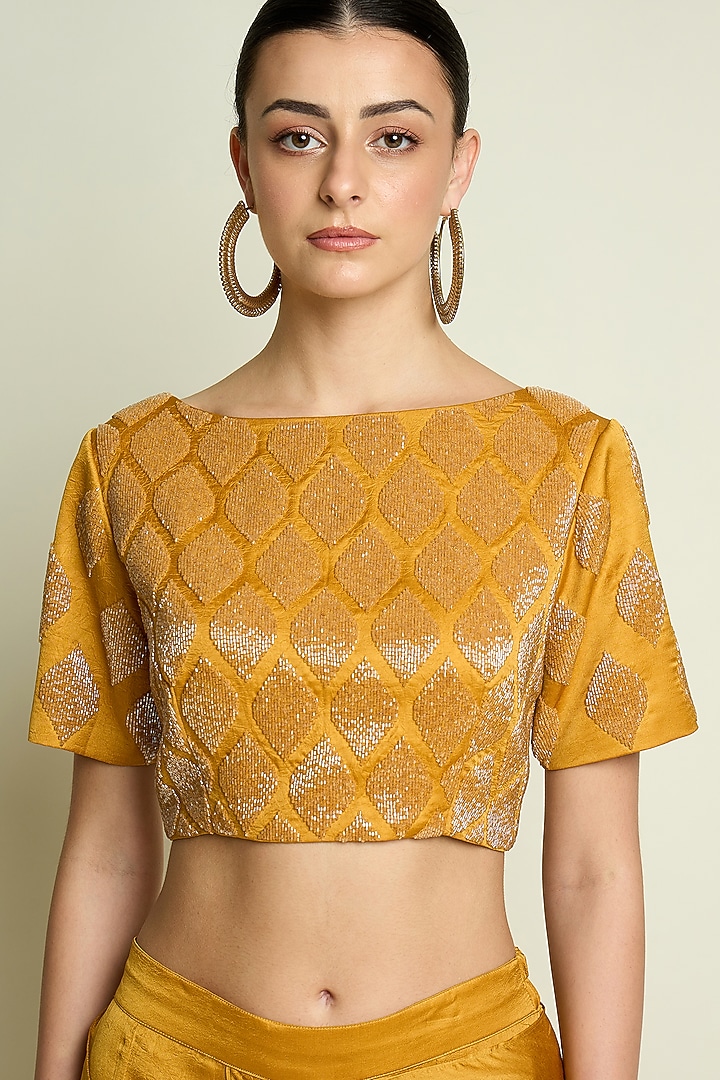 Mustard Silk Leaf Embellished Blouse by Aakaar at Pernia's Pop Up Shop