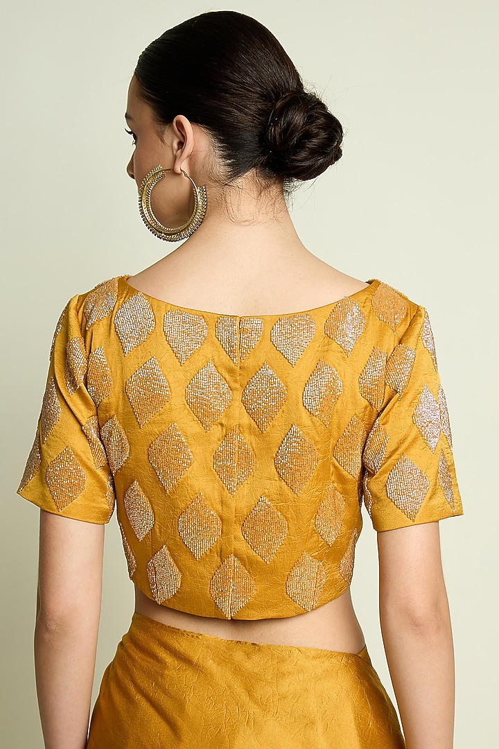 Mustard Silk Leaf Embellished Blouse by Aakaar at Pernia's Pop Up Shop