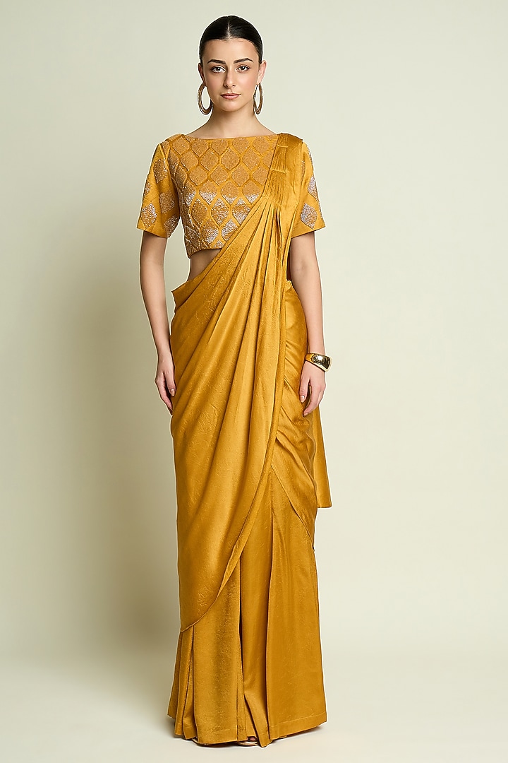 Mustard Silk Leaf Embellished Blouse by Aakaar at Pernia's Pop Up Shop