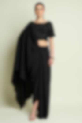 Black Moss Crepe Pre-Draped Skirt Party Wear Saree Set by Aakaar at Pernia's Pop Up Shop