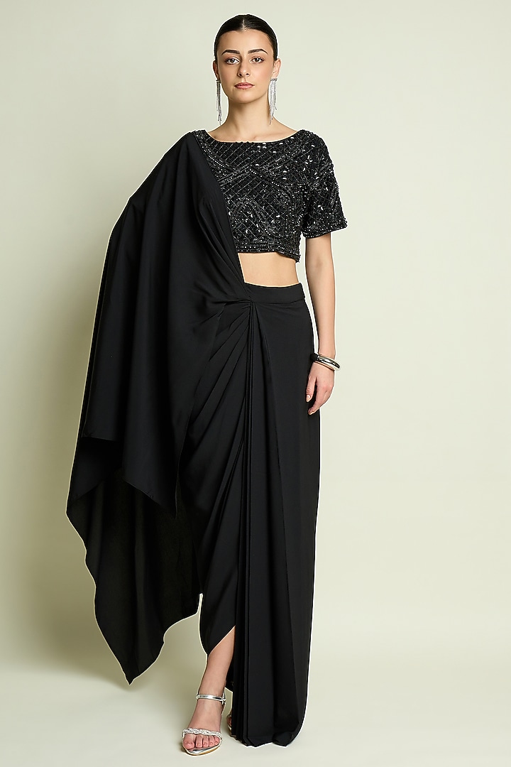 Black Moss Crepe Pre-Draped Skirt Party Wear Saree Set by Aakaar at Pernia's Pop Up Shop