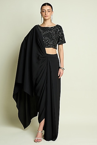 Black Moss Crepe Pre-Draped Skirt Saree Set by Aakaar