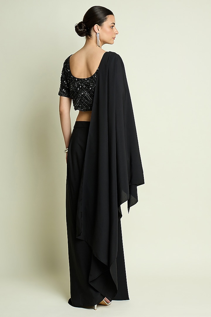 Black Moss Crepe Pre-Draped Skirt Party Wear Saree Set by Aakaar at Pernia's Pop Up Shop