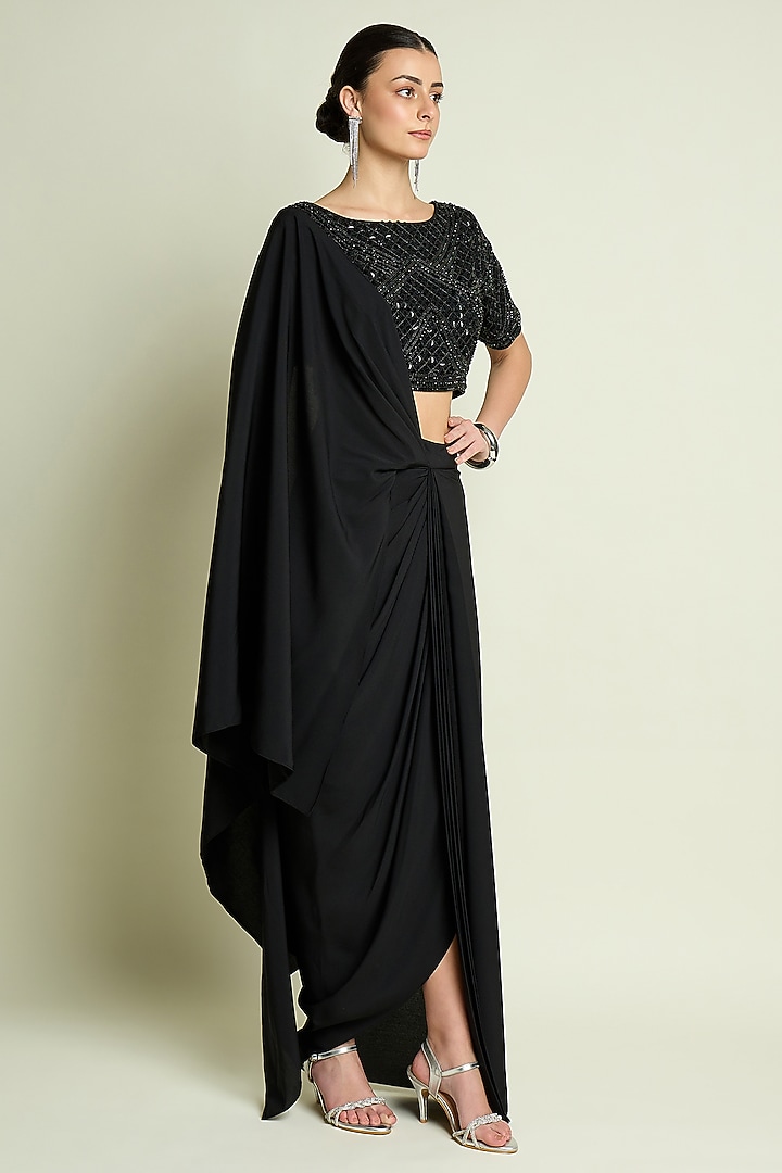 Black Moss Crepe Pre-Draped Skirt Party Wear Saree Set by Aakaar at Pernia's Pop Up Shop