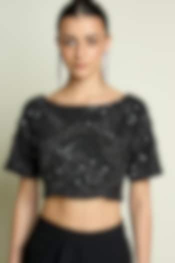 Black Moss Crepe Crystal Embroidered Blouse by Aakaar at Pernia's Pop Up Shop