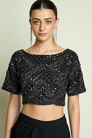Black Moss Crepe Crystal Embroidered Blouse by Aakaar