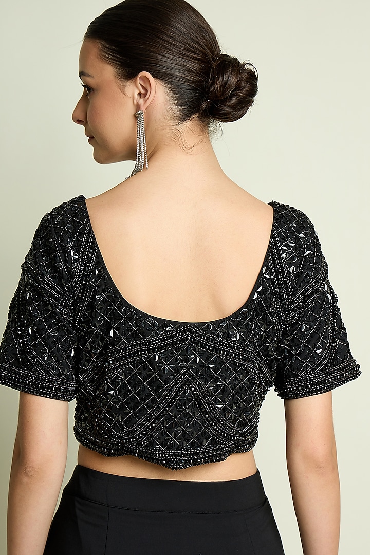 Black Moss Crepe Crystal Embroidered Blouse by Aakaar at Pernia's Pop Up Shop