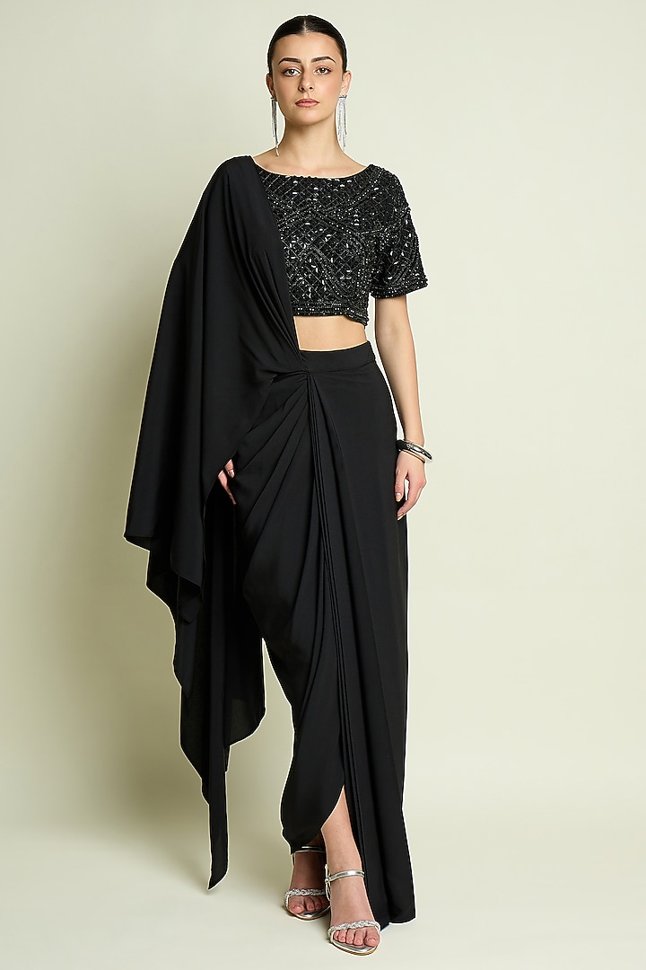 Black Moss Crepe Crystal Embroidered Blouse by Aakaar at Pernia's Pop Up Shop