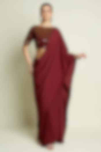 Maroon Moss Crepe Pre-Draped Skirt Party Wear Saree Set by Aakaar at Pernia's Pop Up Shop